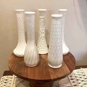 Lot of 5 vintage white milk glass bud stem vases wedding decor